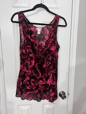 Cache Black and Pink Scroll-Print Cowl Neck Camisole